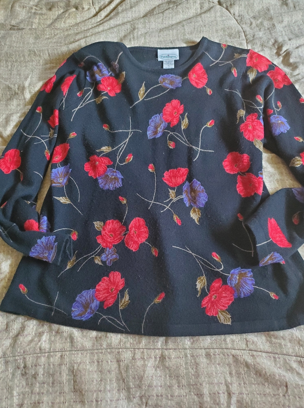 Patchington Womens XL Black Poppy Floral Pullover Sweater 100% Cashmere